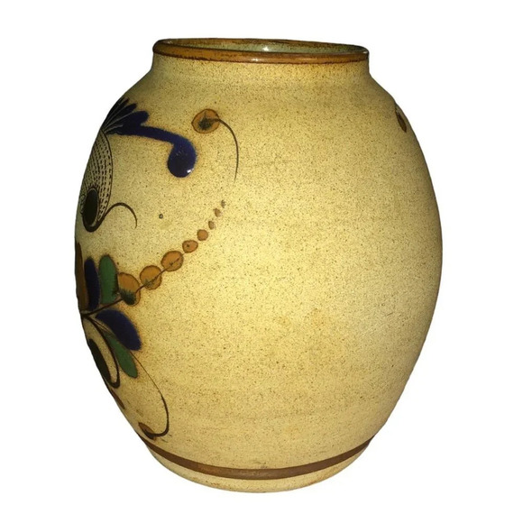 Vintage TONALA 8" Mexico Folk Art Sandstone Pottery Floral Bird Flowers Vase - Picture 3 of 8